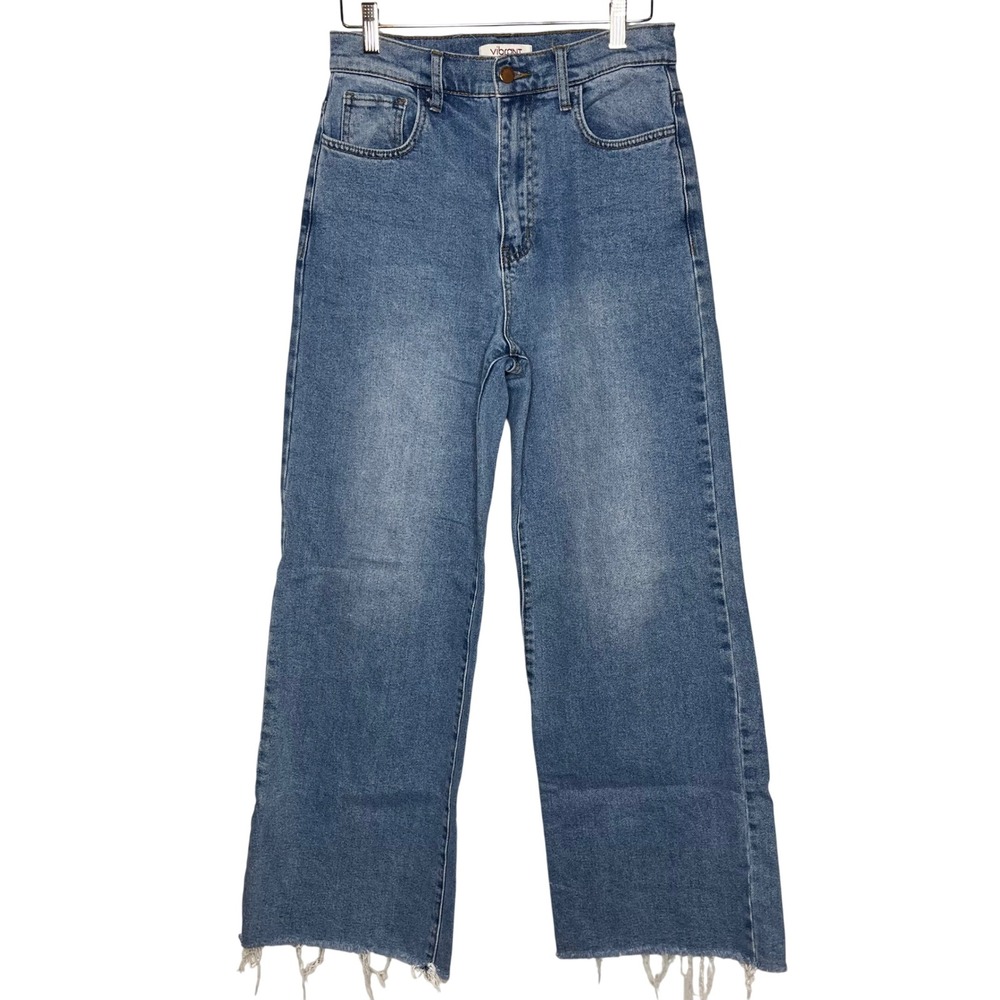 VIBRANT Women Jeans Wide Leg High Rise Raw‎ Hem Denim Size 9 W28